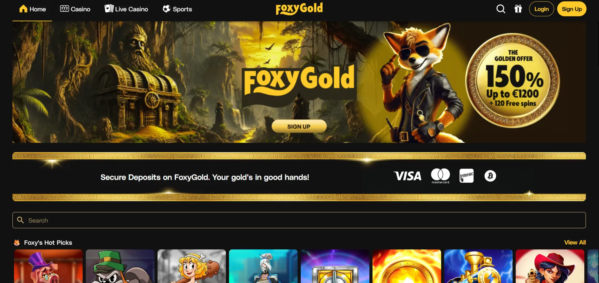 FoxyGold-interface of lobby in de officiële websiteomgeving