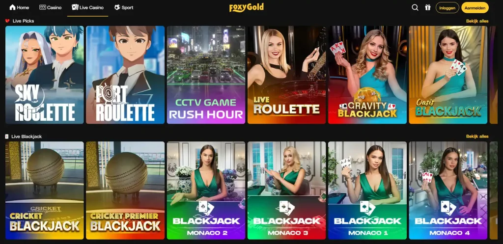 FoxyGold live-casino lobby met categorieën en tafelnavigatie