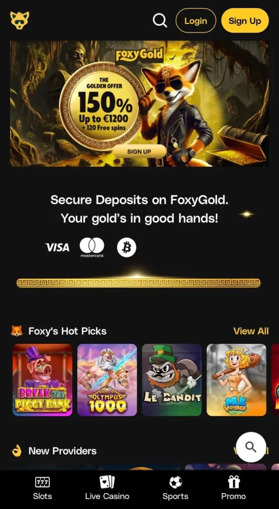 FoxyGold mobiele website op een smal browserscherm