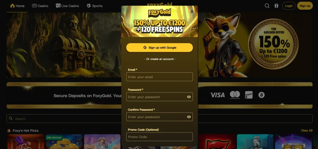 FoxyGold registratie- of loginomgeving