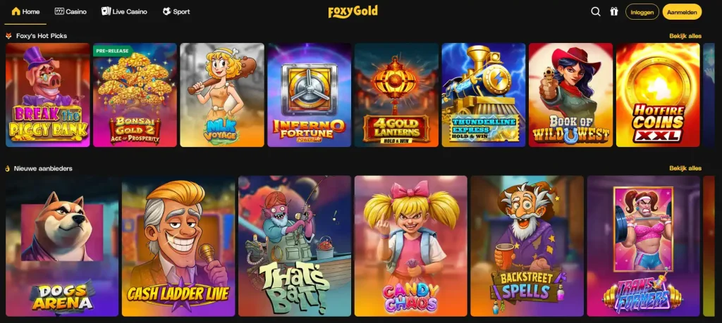 FoxyGold spellenlobby met zichtbare categorieën en navigatie